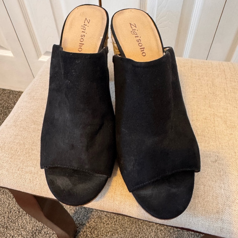 Zigi Soho Black Open Toe Slip On Mules Wrapped Woven Block Heel Size 9.5 - Picture 9 of 9